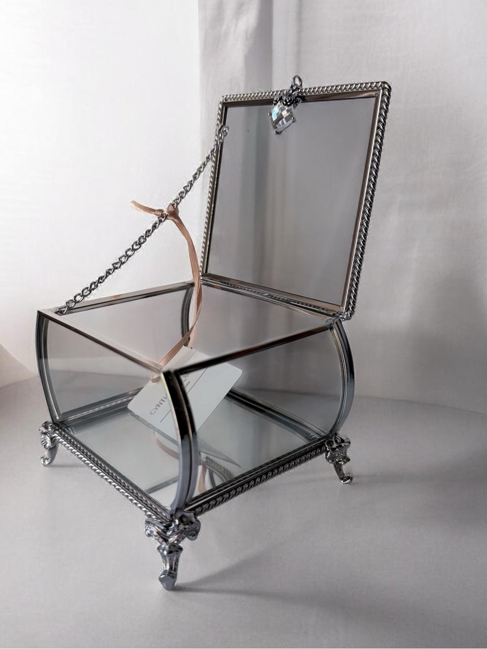 Cynthia Rowley Silver Glass Jewelry Display Box with Hanging Crystal